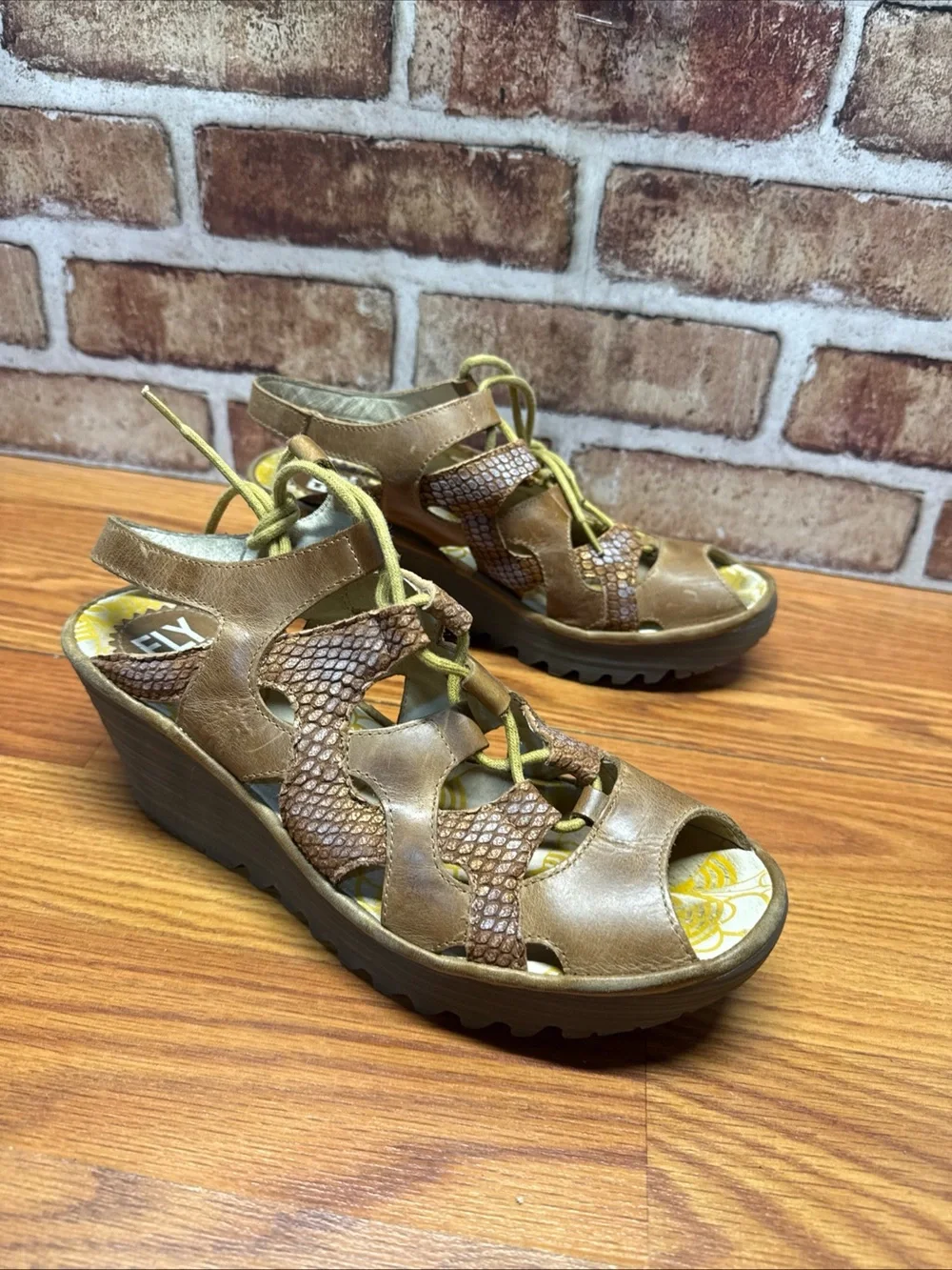 Fly London Yexa Tan Metallic Lace Up Wedge Sandals Size 39 (US 8)